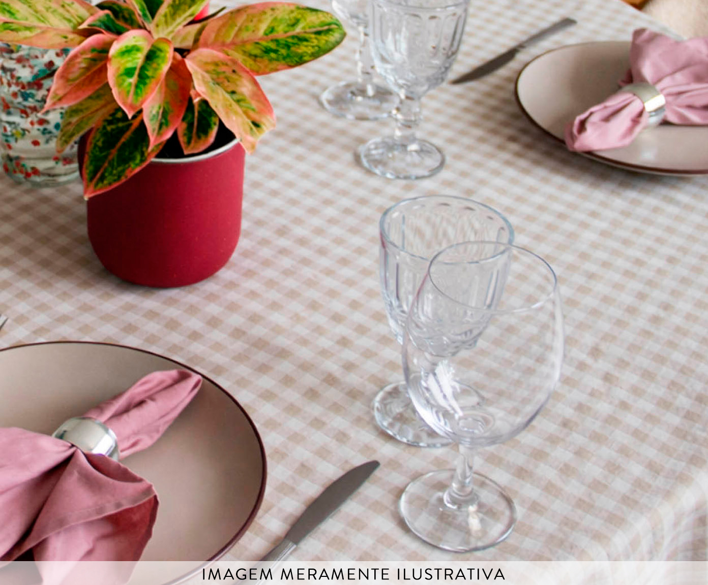 Toalha de Mesa Redonda  Vichy Bege e Off White Pequena image number 2