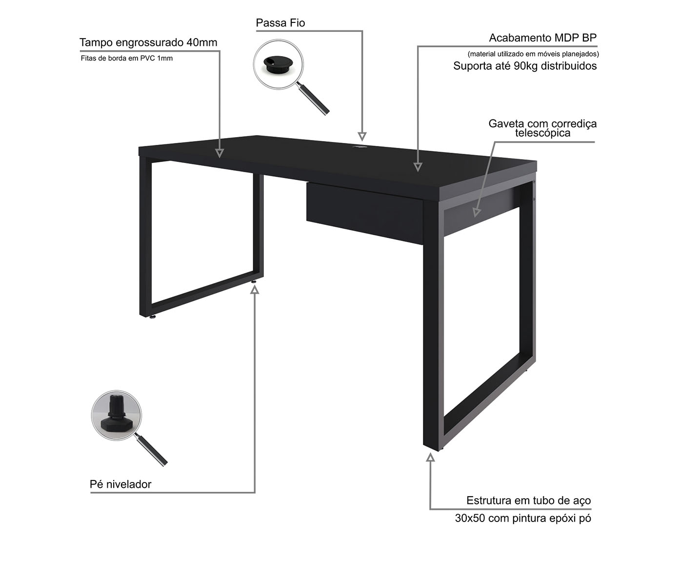 Mesa Yon Diretor com Gaveta Preto image number 6