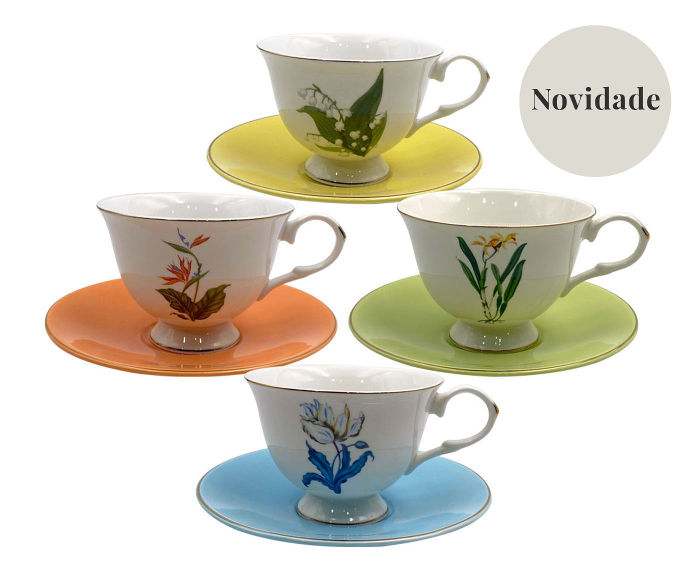 Jogo para Caf&eacute; Colorido com Borda Dourada Flores - image 0