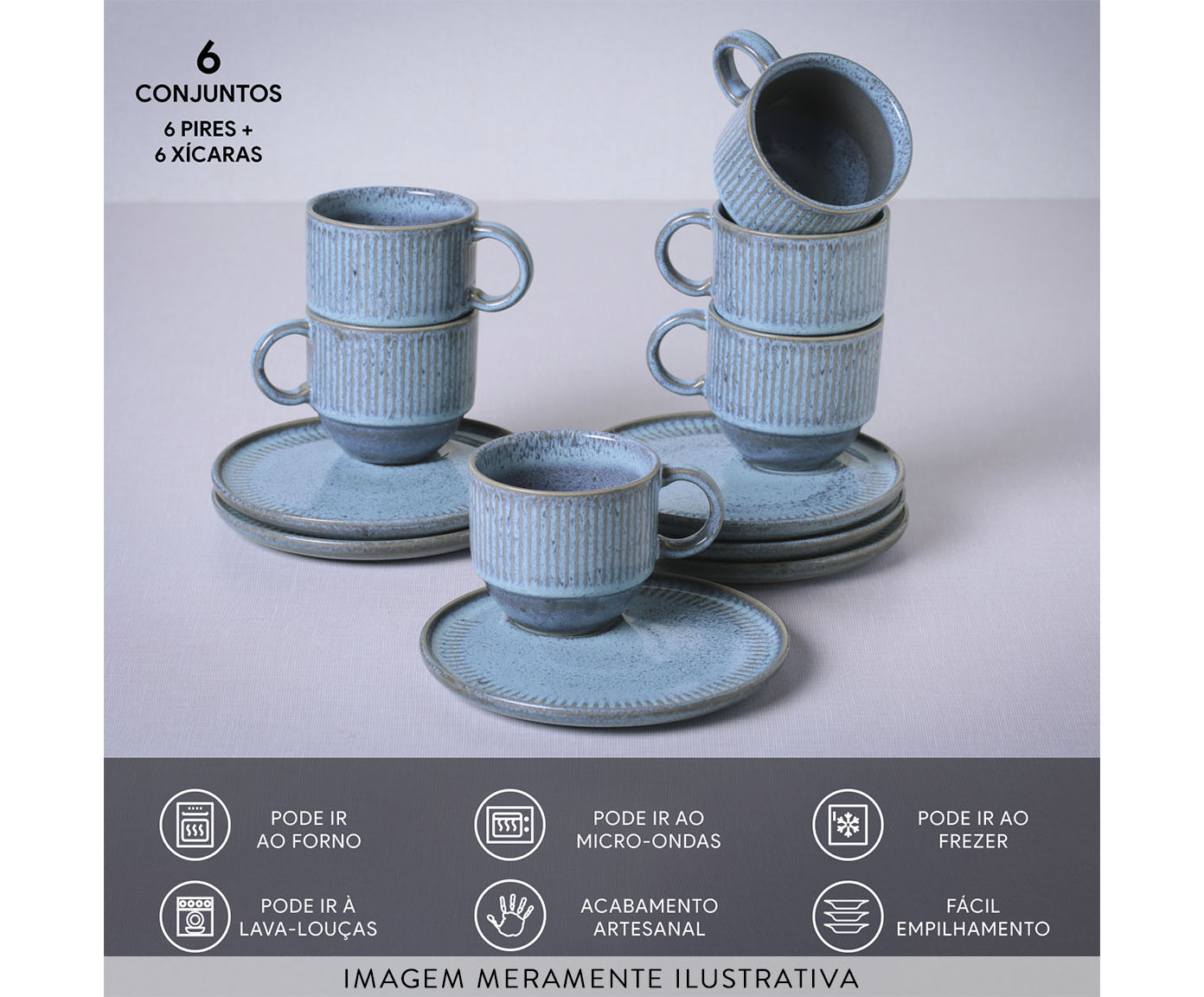 Jogo de X&iacute;caras para Ch&aacute; Empilh&aacute;vel Linhas Breeze Azul Claro image number 3